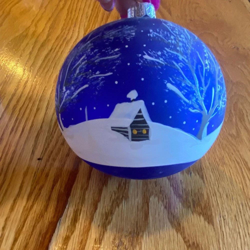 Vintage Poland Hand Painted Blue Glass Christmas Ornament Winter Village Cabin